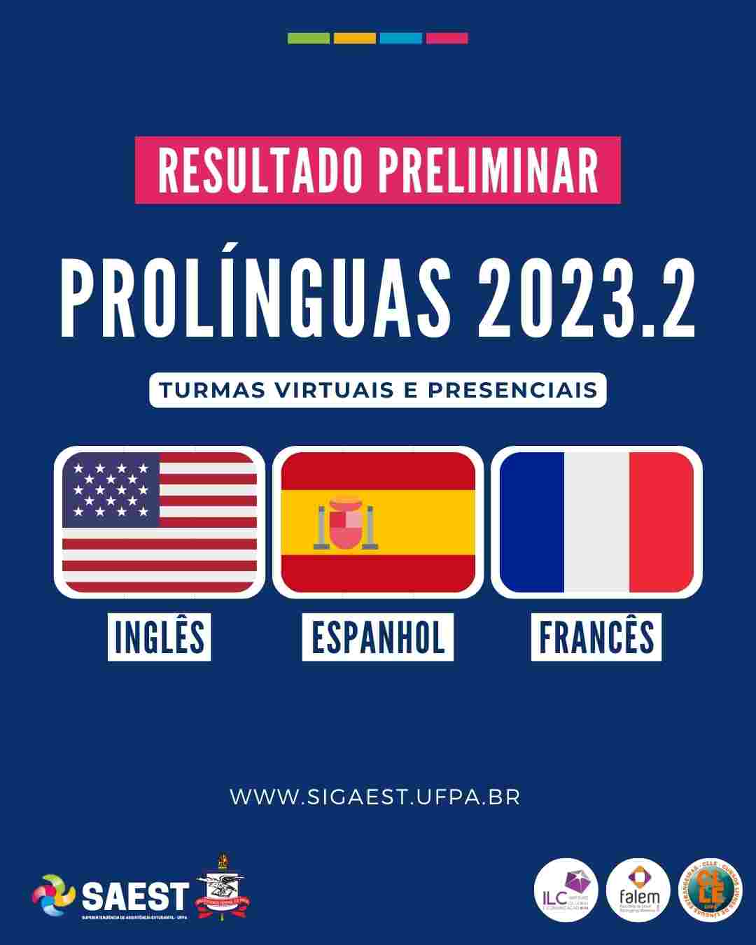 Sobre um fundo azul escuro, escrito, no alto, de forma centralizada, dentro de um retângulo vermelho em letras brancas: Resultado Preliminar. Abaixo, escrito: PROLÍNGUAS 2023, turmas virtuais e presenciais. No centro, da esquerda para a direita, as bandeira da Inglaterra, da Espanha e da França. Abaixo, centralizado, escrito www.sigaest.ufpa.br. No canto inferior, à esquerda o logo da SAEST e o Brasão da UFPA, No canto inferior, à direita, os logos do Instituto de Letras, da Faculdade de Letras e dos Curso Livres.