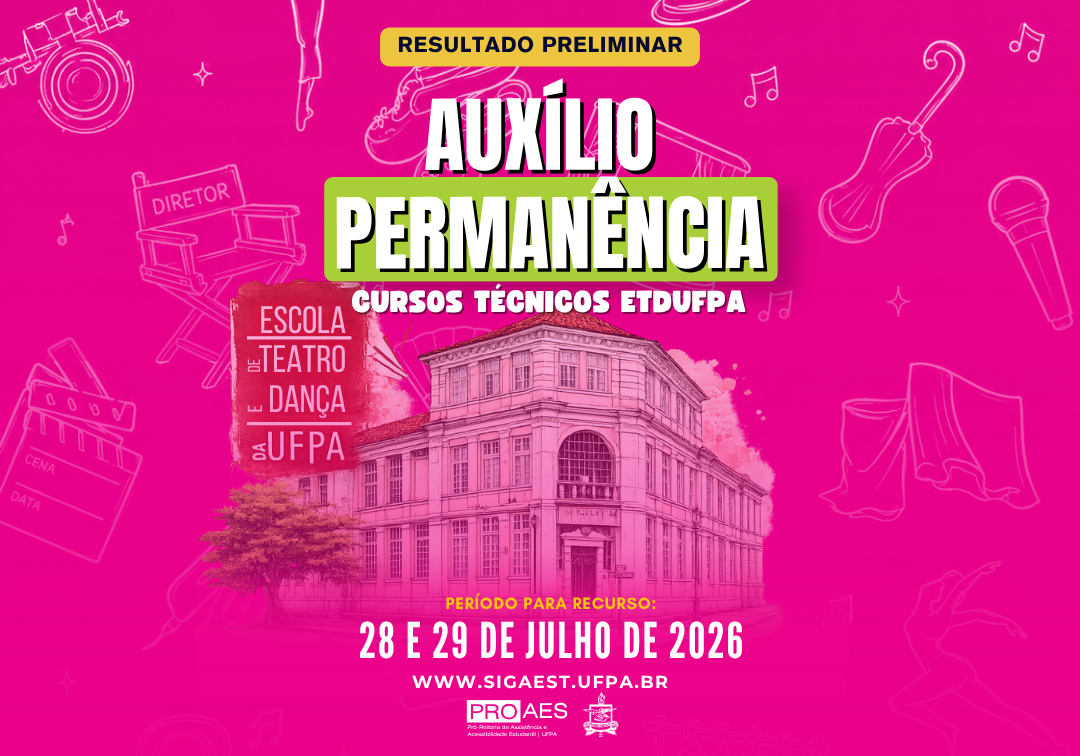 Card com fundo rosa e ilustrações em traços de elementos relacionados ao teatro e à dança. No topo, lê-se 